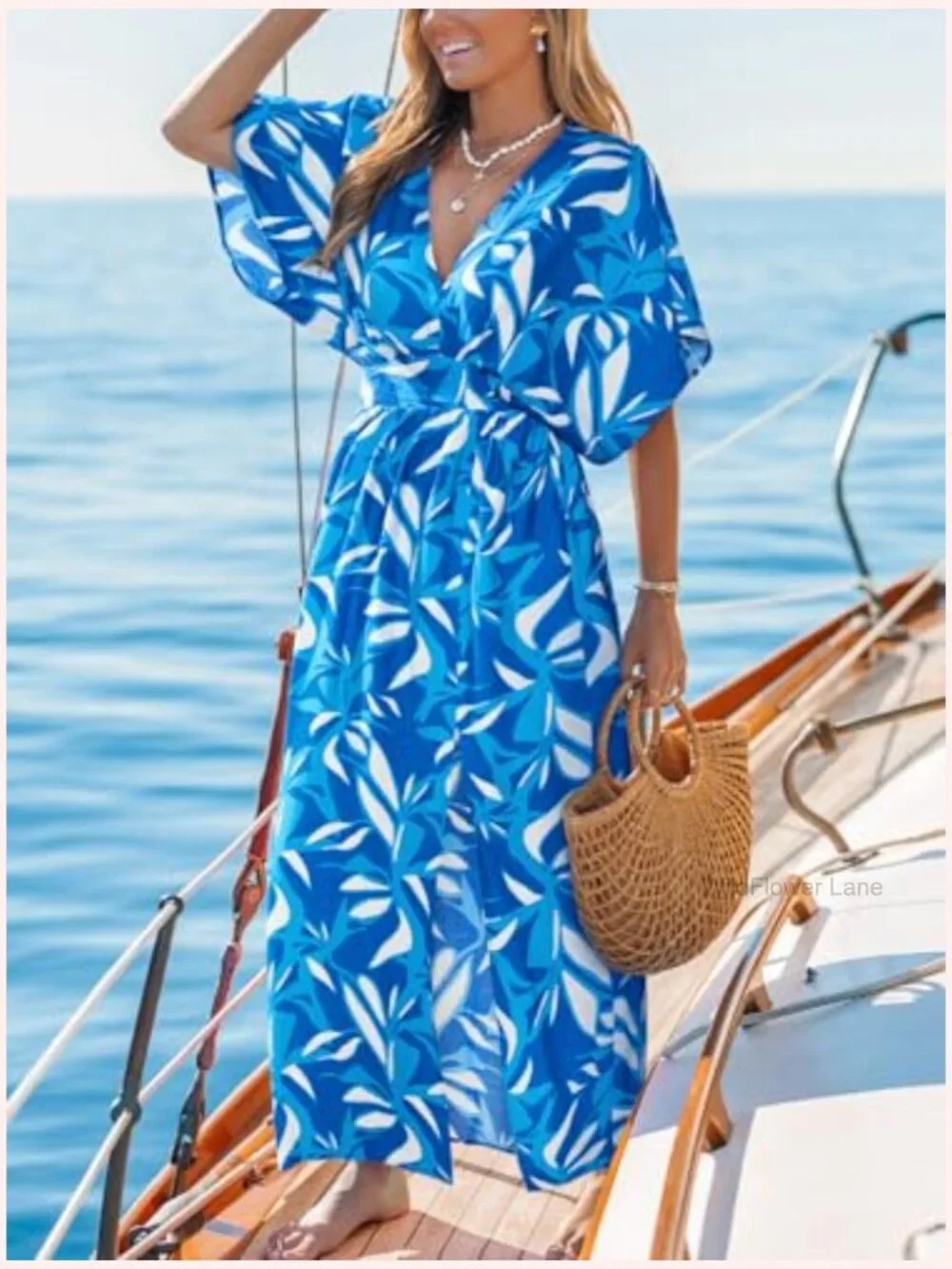 Bohemian Maxi Dress V Neck Smocked Empire Waist Slit Flowy Dress with Pockets - Picture 6 of 6